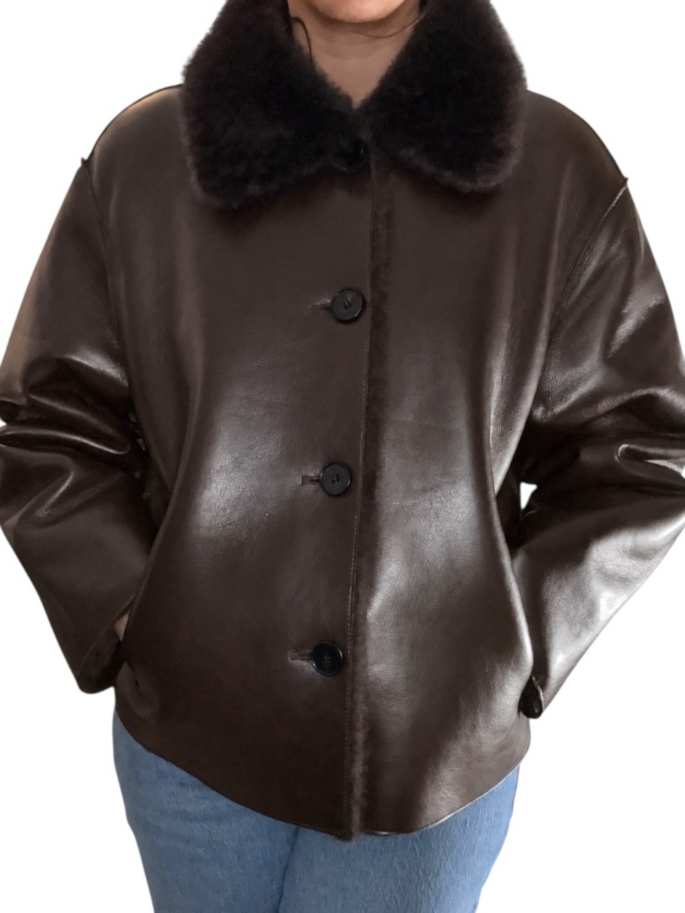 New Rebecca Minkoff Faux Leather Shearling Bomber Jacket Dark Brown Medium